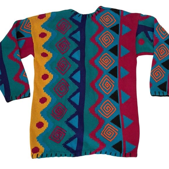 Vintage 80’s L'EAU VIVE Funky Multi-pattern Geometric Knit Long Cardigan sz L - Picture 7 of 7